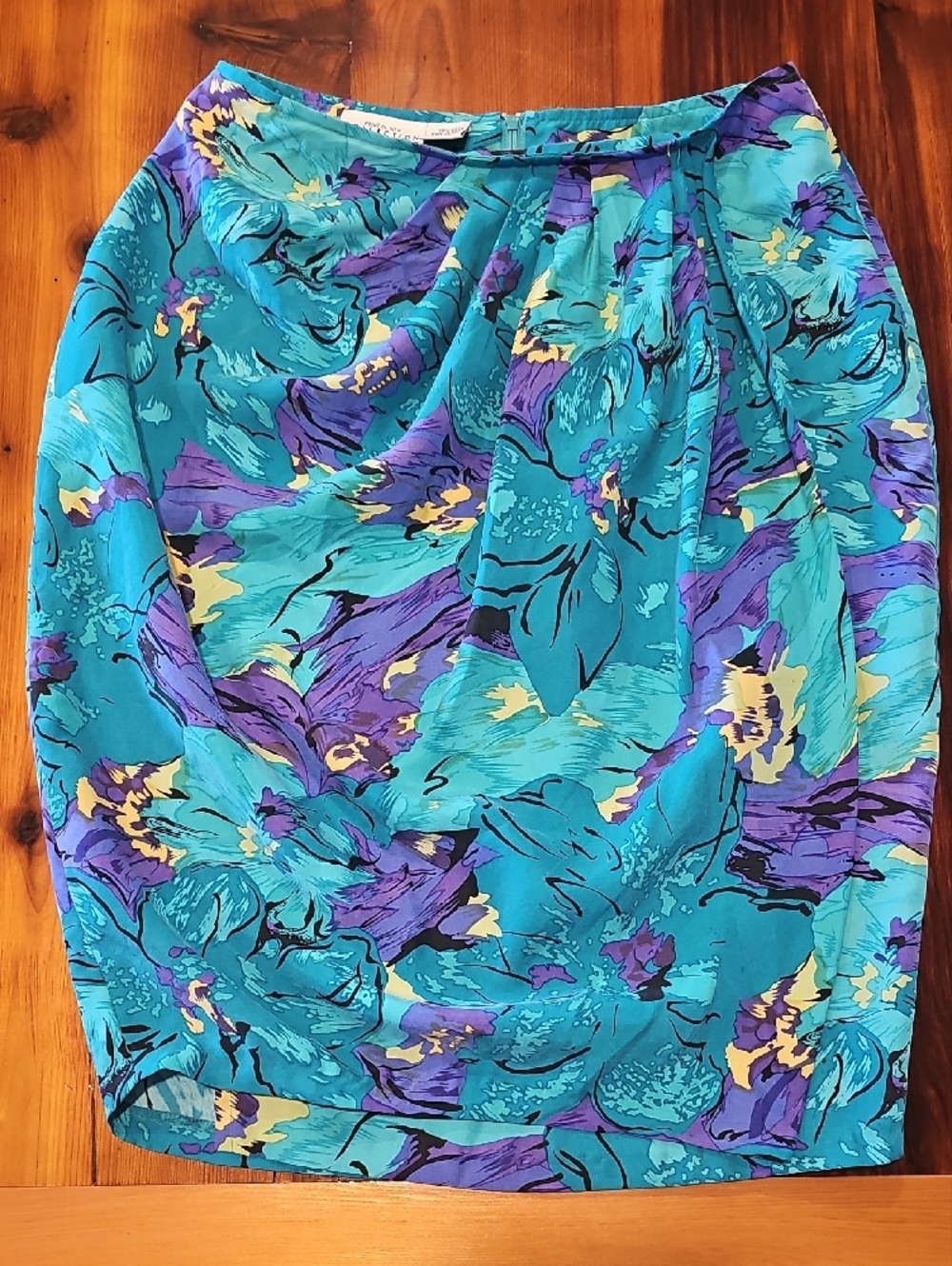 Vibrant Vintage Teal & Purple Floral Silk Skirt